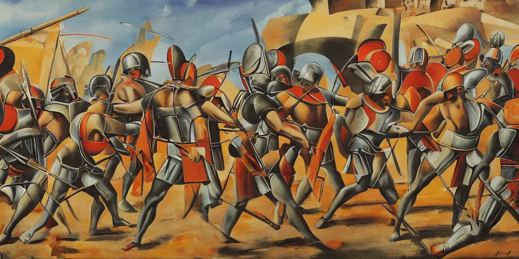 Image similar to italian futurism style painting of greek hoplites at war