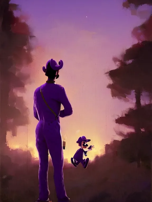 Image similar to A movie still portrait of Waluigi outside wearing purple suspenders staring out the window while Mario delivers his food on a tray while wearing a Red suspenders outfit. Sunlight from the morning foreground sky by ismail inceoglu, craig mullins, can basdogan, frank frazetta, mike franchina, ariel perez, bar tosz domiczek, iain mccaig, Breath of the wild, studio ghibli
