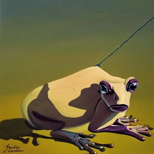 Image similar to a beautiful painting of singular frog graze a cow on a rope, trending on artstation