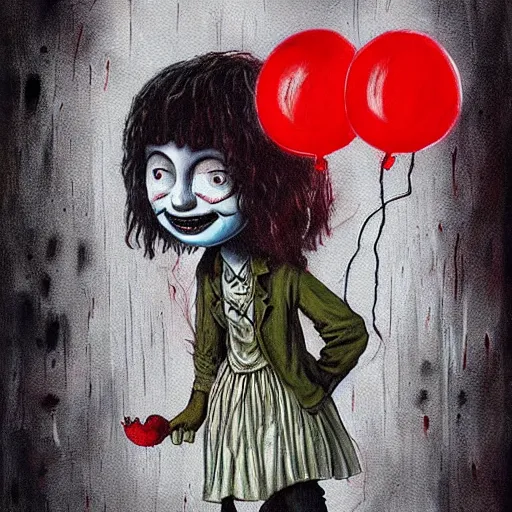 Image similar to grunge painting of stranger things with a wide smile and a red balloon by chris leib, loony toons style, pennywise style, corpse bride style, horror theme, detailed, elegant, intricate