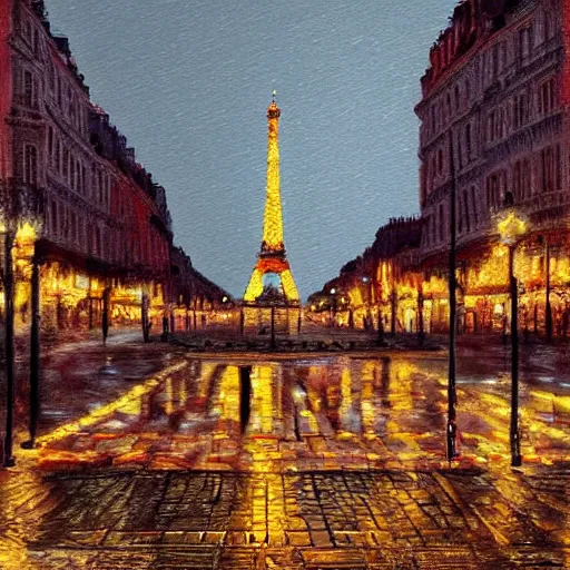 Image similar to Public square in Paris, it is night and raining, digital art , highly detailed , high contrast, beautiful lighting, award winning , trending on art station, photorealistic, 8k