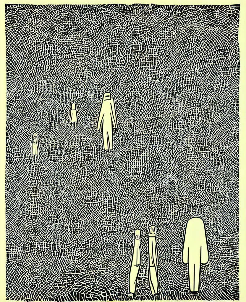 Image similar to two people standing next to each other, a screenprint by michael deforge, featured on pixiv, orphism, concert poster, woodcut, poster art