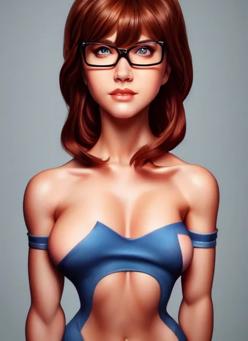 Prompt: photo of velma, professionally retouched, soft lighting, realistic, smooth face, full body shot, torso, dress, perfect eyes, sharp focus on eyes, 8 k, high definition, insanely detailed, intricate, elegant, art by artgerm and j scott campbell