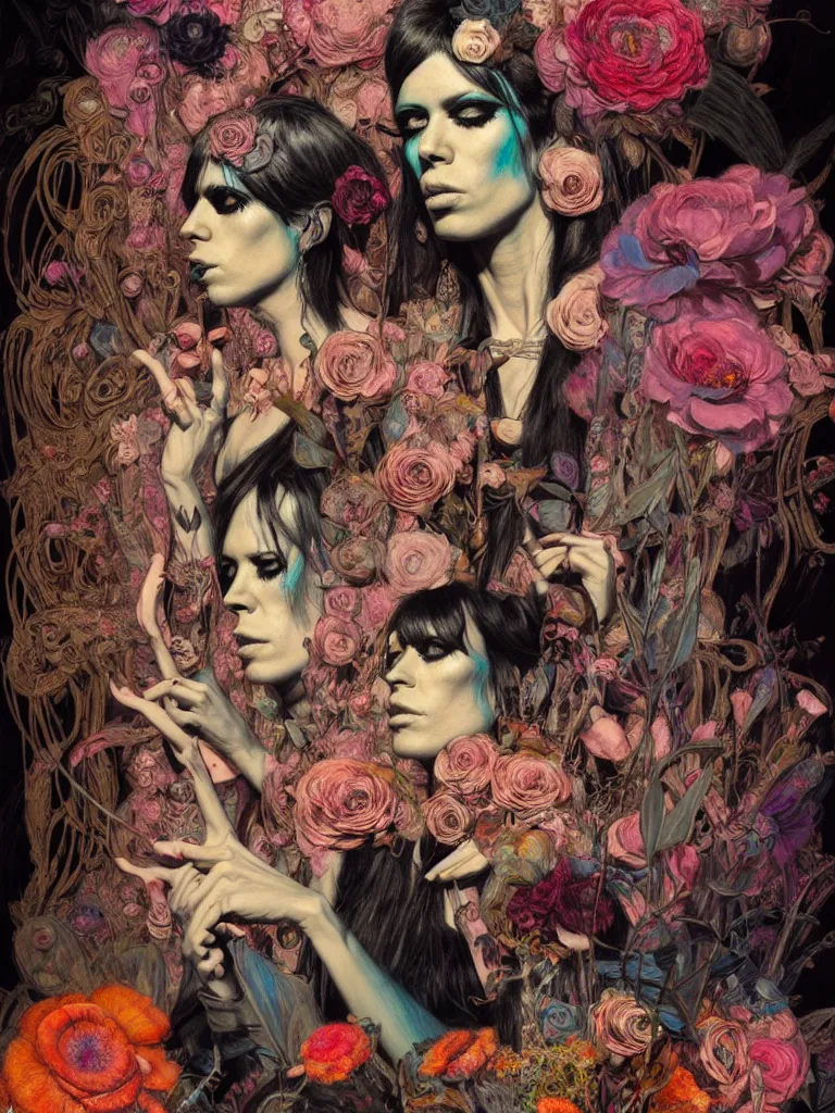 Image similar to the velvet underground and nico playing live on stage at a night club, beautiful stage decoration with flowers in the background, painting by james jean and gaston bussiere, very detailed and colorful and toned down and ornamental and moody and cool and relaxed and high on drugs, trending on artstation, behance contest winner