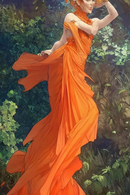 Image similar to man in orange shirt fastens dress, beautiful creation to his spouse before going to exquisite gala art by artgerm and greg rutkowski and charlie bowater and magali villeneuve and alphonse mucha