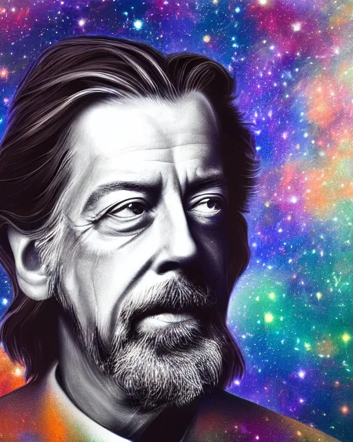 Image similar to alan watts floating in the universe portrait painting highly detailed procreate, featured on artstation