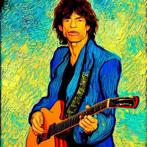 Prompt: an artistic portrait of mick jagger, attractive, rock star, high quality, studio photography, colorful, hero, heroic, beautiful, in the style of vincent van gogh