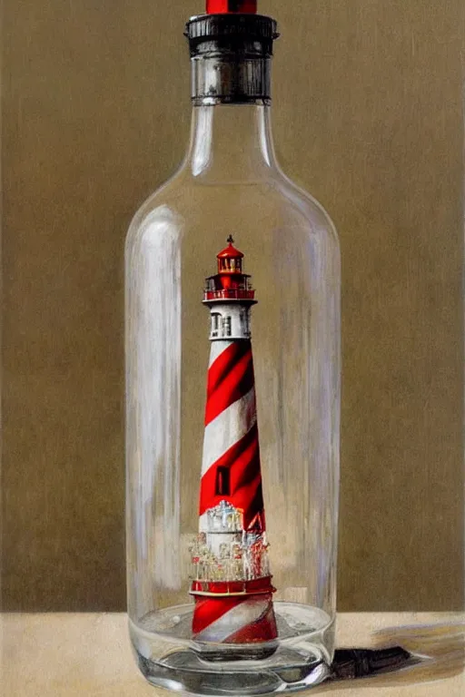 Image similar to a red and white lighthouse inside a clear bottle, very fancy whiskey bottle, intricate concept painting by john collier and albert aublet and krenz cushart and artem demura and alphonse mucha