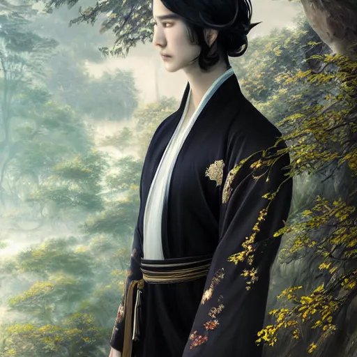 Prompt: a portrait of a young beautiful prince, golden eyes, long black hair, white hanfu, elegant, intricate, backlit, incredible lighting, strong rim light, subsurface scattering, photorealistic, epic beautiful landscape, cherry trees, highly detailed, digital painting, by Heise Jinyao, Heise-Lian Yan Fang, Feimo, Rossdraws, Sakimichan, HDRI, vivid colors, high contrast, 8k