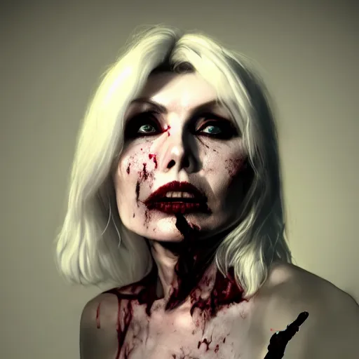 Image similar to debbie harry as a zombie with cuts on face, 7 days to die zombie, fine art, award winning, intricate, elegant, sharp focus, cinematic lighting, highly detailed, digital painting, 8 k concept art, art by guweiz and z. w. gu, masterpiece, trending on artstation, 8 k