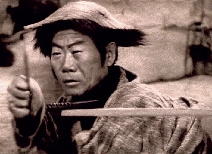 Image similar to a movie still of a samurai slicing through a loaf of bread by Akira Kurosawa