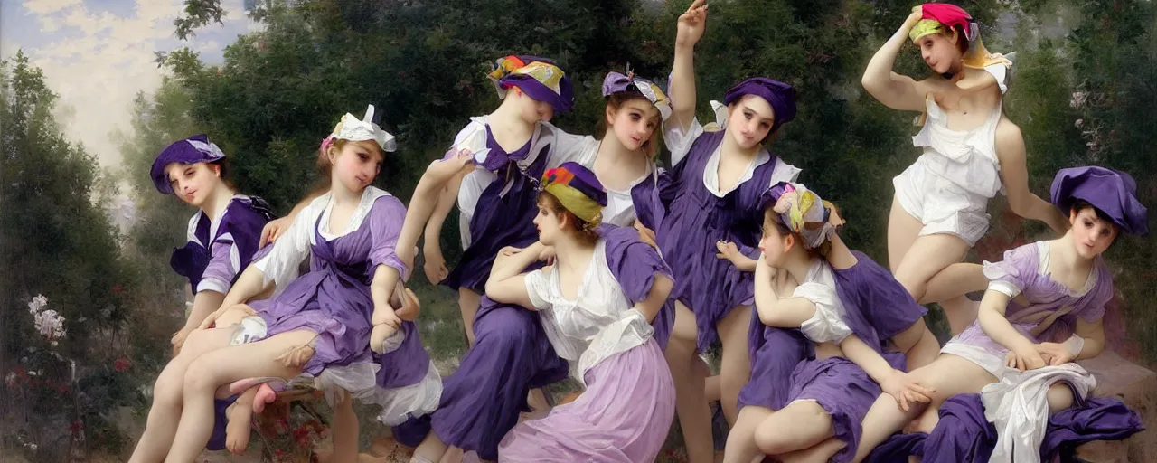 Image similar to A character sheet of full body cute magical girls with short blond hair wearing an oversized purple Beret, Purple overall shorts, Short Puffy pants made of silk, pointy jester shoes, a big billowy scarf, and white leggings. Rainbow accessories all over. Flowing fabric. Covered in stars. Short Hair. Art by william-adolphe bouguereau and Paul Delaroche and Alexandre Cabanel and Lawrence Alma-Tadema and WLOP and Artgerm. Fashion Photography. Decora Fashion. harajuku street fashion. Kawaii Design. Intricate, elegant, Highly Detailed. Smooth, Sharp Focus, Illustration Photo real. realistic. Hyper Realistic. Sunlit. Moonlight. Dreamlike. Surrounded by clouds. 4K. UHD. Denoise.