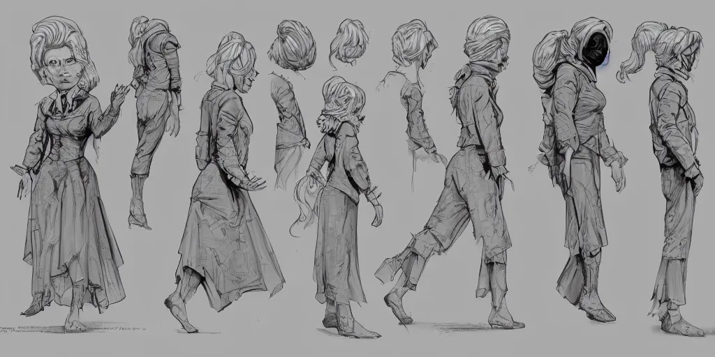 Image similar to nice old lady running down a dream, character sheet, fine details, concept design, contrast, brigitte bardot, kim jung gi, greg rutkowski, trending on artstation, 8 k, full body, turnaround, front view, back view, ultra wide angle