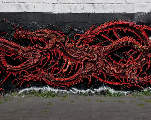 Image similar to 16k photorealistic image of a wall that has some lovecraftian graffiti on it inspired by wretched dragon rib cage. lovecraftian graffiti in red and black colors. the art is cursed and ecrusted with jewels. the grafiiti is inspired by cobwebs and venom.