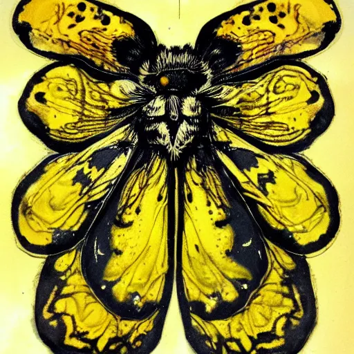 Image similar to alcohol ink, ink blott, rorschach test depicting deaths head moth in yellow and black, detailed, symmetrical