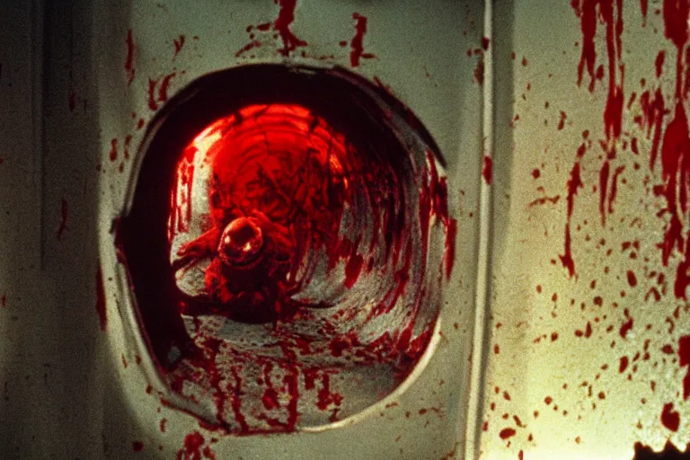 Image similar to filmic wide shot angle movie still 35mm film color photograph of a shape shifting horrific nightmarish abstract organism from The Thing 1982 attacking a mutilated deceased doctor who is completely drenched in blood in the style of a horror film