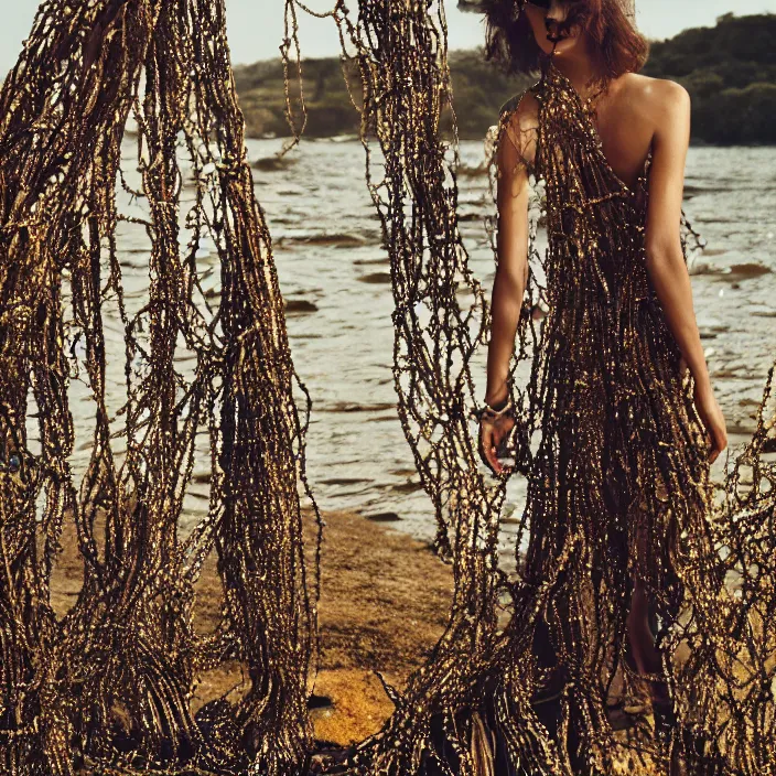 Prompt: a woman with a dress made of ivy chains standing next to water, golden hour, vogue magazine