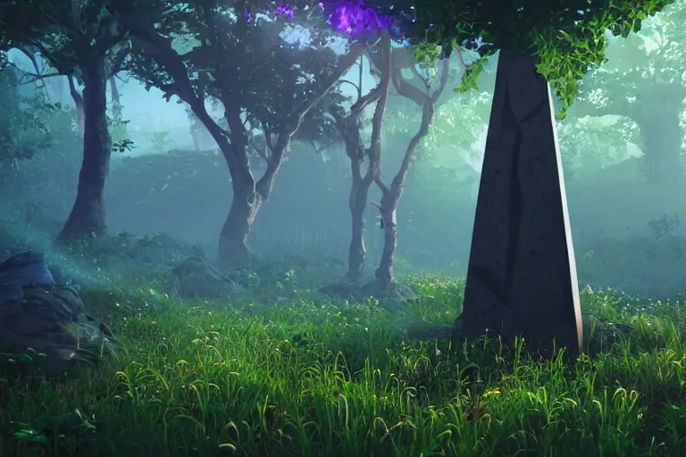 Image similar to super detailed color lowpoly art, overgrown mystical forest meadow, ancient stone obelisk with subtle glowing runes, thick vines wrapping around, unreal engine, retrowave color palette, 3 d render, lowpoly, colorful, digital art, perspective