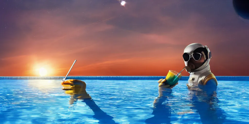 Prompt: a movie scene of an astronaut sipping a colored cocktail, in a swimming pool during sunset