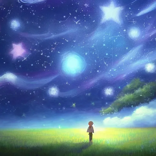 Prompt: Starry night, dreamy world, makoto shinkai, pixiv scenery art, light refraction