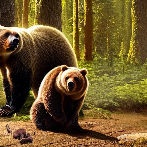 Image similar to grizzly bear and giant tardigrade meet in the forest, nature professional photography, national geographic