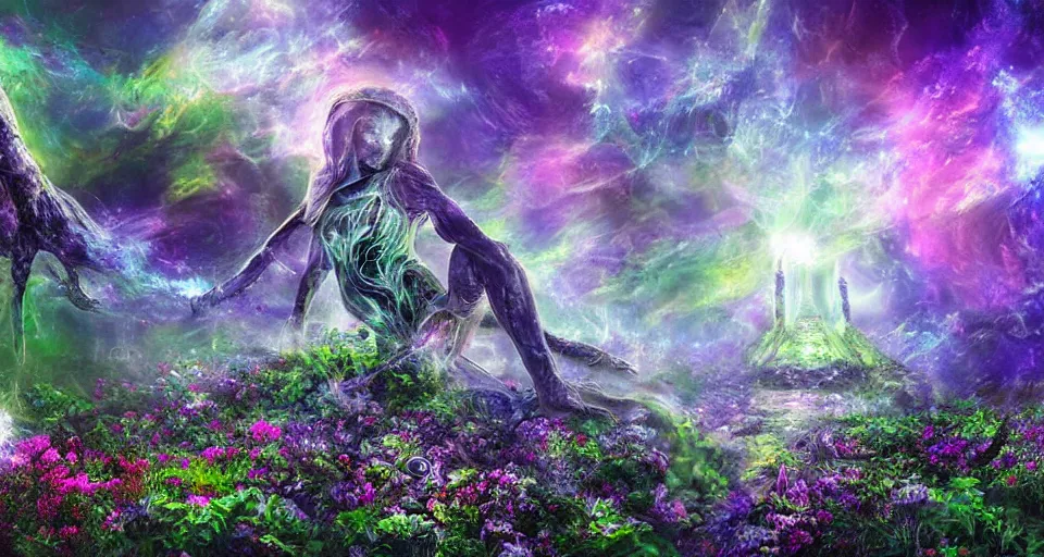 Image similar to a large alien shrine shrouded by mystic nebula magic in a field of flowers, breath - taking beautiful flowers, streams, nebula, and mist, an aesthetically pleasing, dynamic, energetic, lively, complex, intricate, detailed, well - designed digital art of magic, streams, flowers, and mist, early morning, light and shadow