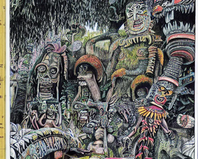 Prompt: surreal colorful nightmarish garden las pozas, mayan jaguar warrior, ink by frank miller and diego rivera, crayon and cut up, punk fanzine 1 9 6 7