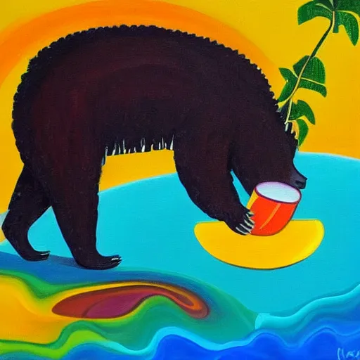 Prompt: bear drinking a pina colada from a coconut | award winning psychedelic oil painting on canvas