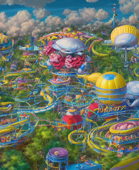 Image similar to a puffy inflated amusement park made out of fat seamless alien snakes, in the style of an aerodynamic obese robot, overgrown with thick orchids, partly cloudy, somber, dramatic lighting, by dan mumford, yusuke murata, makoto shinkai, ross tran, cinematic, unreal engine, cel shaded, featured on artstation, pixiv