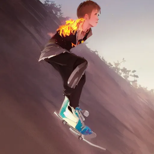 Image similar to skating down a hill on fire, trending on artstation, concept art, by Greg Rutkowski and Krenz Cushart and Pan_Ren_Wei and Hongkun_st and Bo Chen and Enze Fu and WLOP and Alex Chow, golden ratio,