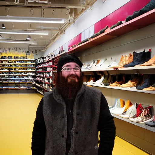 Image similar to a photograph of a man poorly cosplaying as a bear, he is in a shoe store, he is standing in between long store isles, vivid color, 50mm