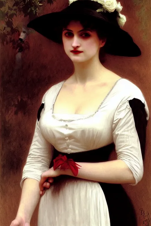 Image similar to victorian vampire in a big hat, white dress, painting by rossetti bouguereau, detailed art, artstation