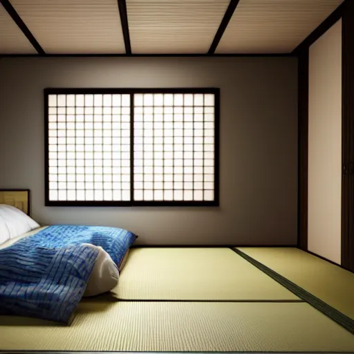 Prompt: still photo of a japanese guest room, highly detailed, photorealistic portrait, bright studio setting, studio lighting, crisp quality and light reflections, unreal engine 5 quality render