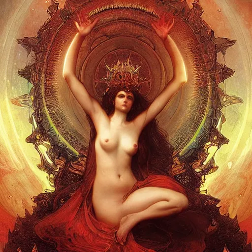 Prompt: eternal goddess empress bathing in deepest fiery underworld depths of hell by greg rutkowski, gustave dore, alphone mucha, visionary deep aesthetics art