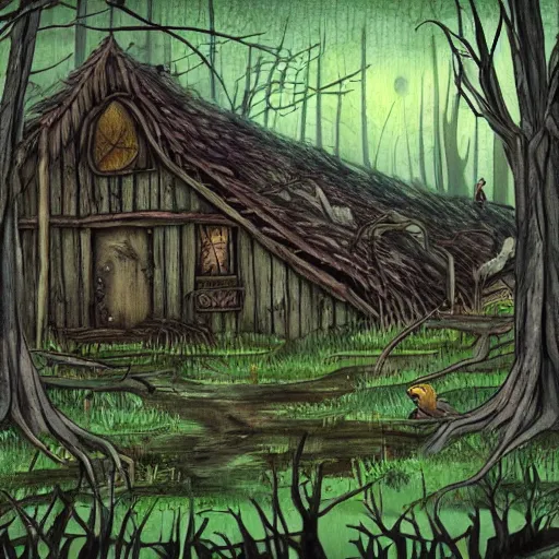 Prompt: deep into the witchwood forest swamp, studio ghibli, crows, decay, hut,