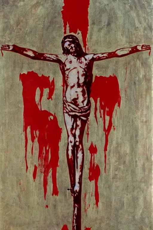 Image similar to bloody christ crucified on a very big mushroom painted in by cy twombly and andy warhol