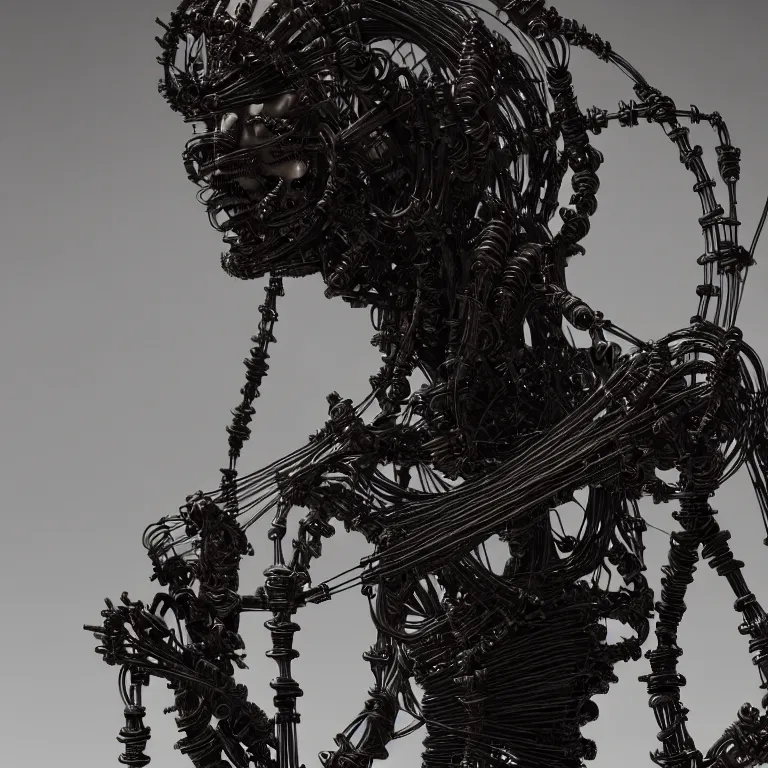 Image similar to dark biomechanical religious sculpture statue of Jesus on cross made of wires cables tubes, cyberpunk, baroque painting, beautiful detailed intricate insanely detailed octane render, 8K artistic photography, photorealistic, chiaroscuro, Raphael, Caravaggio, Giger, Beksinski, black background, volumetric light