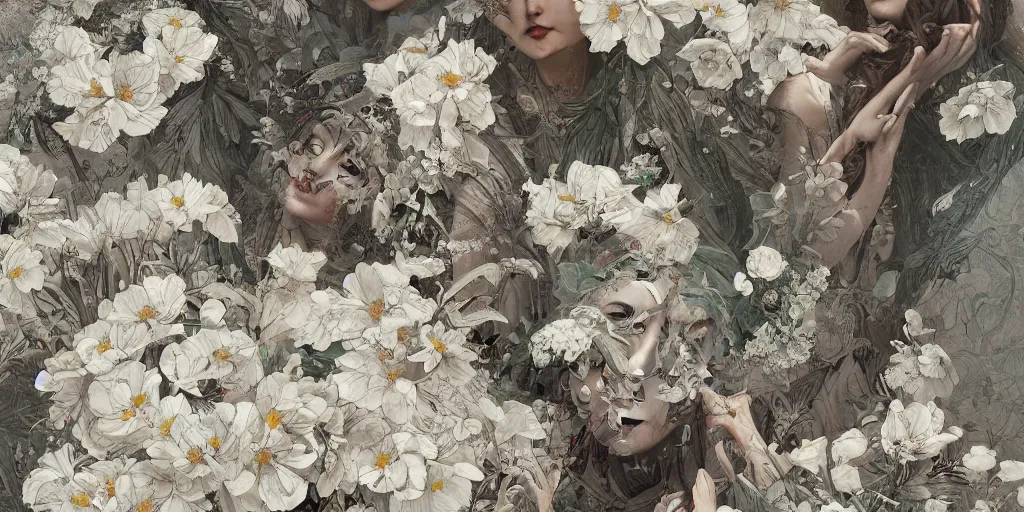 Prompt: breathtaking detailed concept art painting art deco pattern of faces goddesses of white flowers with anxious piercing eyes and blend of flowers and birds, by hsiao - ron cheng and john james audubon, bizarre compositions, exquisite detail, extremely moody lighting, 8 k