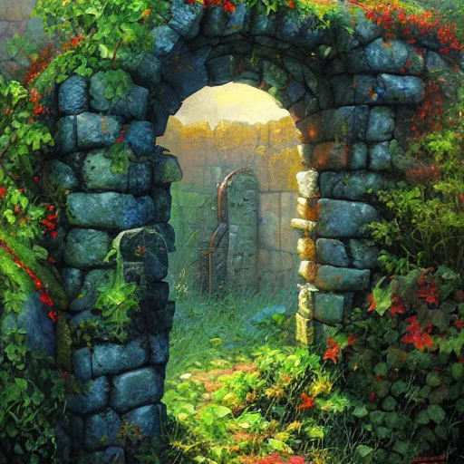 Image similar to colorful marc simonetti and Mark Keathley impasto!! acrylic painting of the slate stone gateway of a forgotten civilization. vines and creepers, stone etchings