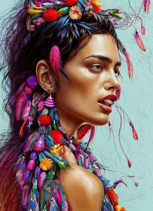 Image similar to beautiful portrait of Irina Shayk wearing fantastic Hand-dyed cotton dress,embellished beaded feather decorative fringe knots ,colorful pigtail,subtropical flowers and plants,symmetrical face,intricate,elegant,highly detailed,8k,digital painting,trending on pinterest,harper's bazaar,concept art, sharp focus, illustration, by artgerm,Tom Bagshaw,Lawrence Alma-Tadema,greg rutkowski,alphonse Mucha