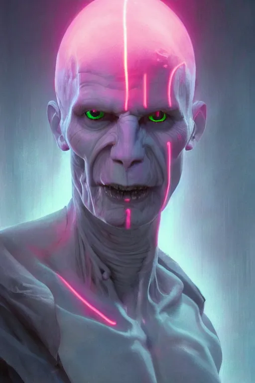 Image similar to cyborg Lord Voldemort without nose in cyberpunk, neon lighting, digital art from artstation by Ruan Jia and Mandy Jurgens and Artgerm and william-adolphe bouguereau and Greg Rutkowski and Wayne Barlowe