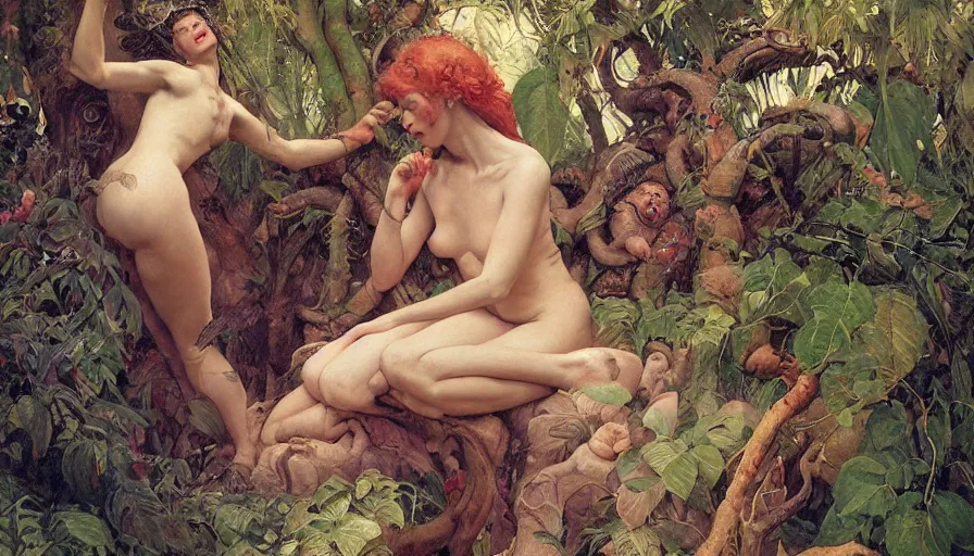 Prompt: original sin, Garden of Eden, Terrestrial Paradise, the Fall of Man, apple, the serpent, Adam, Eve, serov, surikov, vasnetsov, repin, kramskoi, paint texture, uplight, insanely detailed and intricate, Charlie Bowater, Tom Bagshaw, Norman Rockwell, high resolution, octane rendered, unreal engine, illustration, trending on artstation, masterpiece, 8k