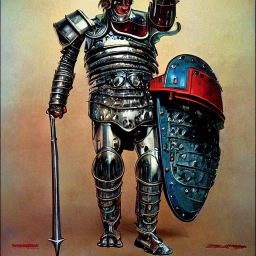 Image similar to dynamic portrait of a monstrous ten foot tall scifi warrior clad in plate metal armour, by norman rockwell and boris vallejo