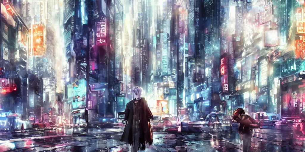 Prompt: the coming AI singularity, street scene, ultrawide watercolor, Ghost in the Shell