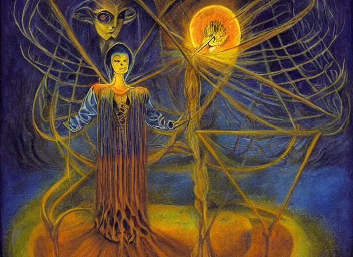 Prompt: a shaman woman spirit holding up the cosmic magic universe, by remedios varo, reflection, symbolist, vibrant colors, dramatic lighting, smooth, sharp focus, extremely detailed, aesthetically pleasing composition
