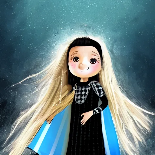 Image similar to mysterious girl child with her long black hair dressed in a chequered cape, carrying blue very big magical crystal, digital art, hd, 4 k, hyper detailed