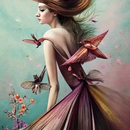 Prompt: beautiful fashion illustration of an enchanting girl wearing an origami dress, hummingbirds, elegant, by esao andrews, by eiko ishioka, givenchy, by peter mohrbacher, centered, floral ornamentic on cloth and hair, detailed beautiful face, high depth of field, fresh colors, vogue, japanese, new yorker, reallusion character creator