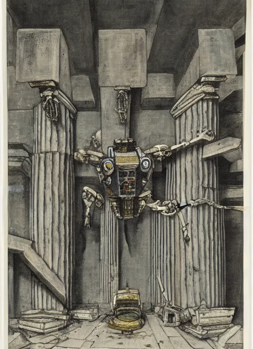 Image similar to a mecha robot inside a Greek temple filled with bones, Greek temple, Daguerrotype, Francis Bacon Painting