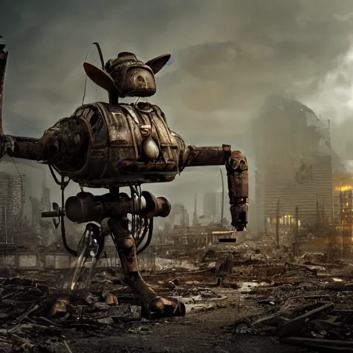 Image similar to giant dieselpunk ant in a destroyed city, 8 k, moody lighting, shallow depth of field,