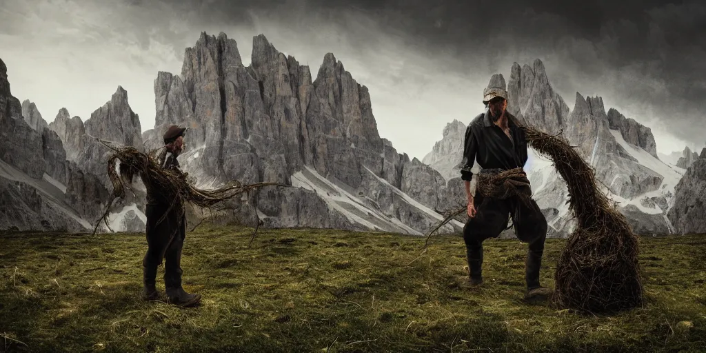 Image similar to alpine farmer transforming into a monster ,roots and hay coat, dolomites in background, dark, eerie, despair, portrait photography, artstation, digital art, concept art, artstation, highly detailed, sharp focus, by caravaggio